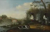 Marmaduke Craddock, Ducks on a river bank with shooting party in the distance, oil on canvas