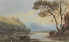 John Varley Ows, Castle on a hilltop in Highland landscape, watercolour