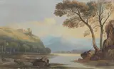 John Varley Ows, Castle on a hilltop in Highland landscape, watercolour