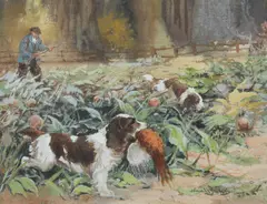 Reuben Ward Binks, Springer Spaniels at work, watercolour and gouache