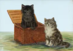 Bessie Bamber, Kittens with a picnic basket, oil on milk glass