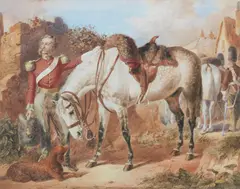 Michael Angelo Hayes, Portrait of an officer with his grey charger, wearing the uniform of the Royal Scots Dragoons, circa 1820, watercolour and gouache