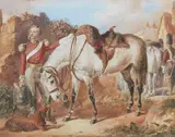 Michael Angelo Hayes, Portrait of an officer with his grey charger, wearing the uniform of the Royal Scots Dragoons, circa 1820, watercolour and gouache