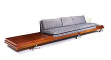 Martin Borenstein, Sofa, 1952, Walnut, fiberglass, chrome-plated steel, upholstery