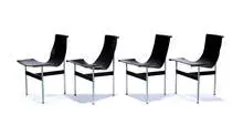 William Katavolos, T-chairs (8), 1952, Chrome-plated and enameled steel, leather