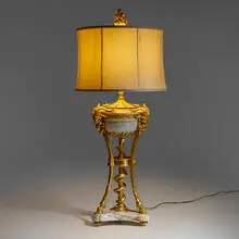 19th Century, Louis XVI style tripod-form table lamp, ormolu, marble, silk