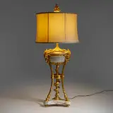 19th Century, Louis XVI style tripod-form table lamp, ormolu, marble, silk