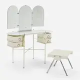 Jacques Adnet, Vanity with stool, c. 1940, leatherette, chrome-plated steel, enameled steel, white glass