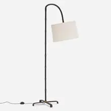 attribution Jacques Adnet, Floor lamp, c. 1955, saddle-stitched leather over steel, brass