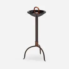 Ashtray on tripod stand by Jacques Adnet, c. 1965, saddle-stitched leather over steel, glazed stoneware, sold May 2024
