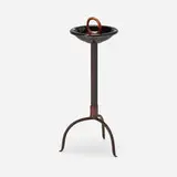 Jacques Adnet, Ashtray on tripod stand, c. 1965, saddle-stitched leather over steel, glazed stoneware