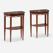 Éric Bagge, Demi-lune occasional tables, pair, c. 1930, macassar ebony, rosewood, silver-plated brass, silver leaf, cultured marble