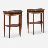 Éric Bagge, Demi-lune occasional tables, pair, c. 1930, macassar ebony, rosewood, silver-plated brass, silver leaf, cultured marble