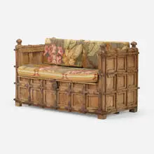Southeast Asian, Damchiya settee, laurel, iron, Aubusson upholstery
