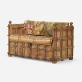Southeast Asian, Damchiya settee, laurel, iron, Aubusson upholstery