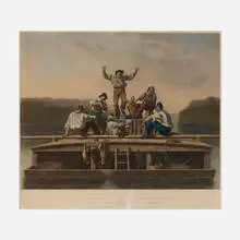 George Caleb Bingham, The Jolly Flat Boat Men, mezzotint and drypoint with hand-coloring on paper