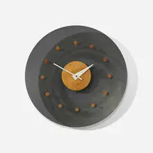wall clock, model 2204B by George Nelson & Associates, 1952-53, perforated and enameled steel, birch, lacquered wood, enameled aluminum, sold Sep 2015