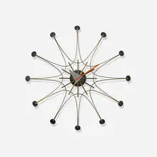 George Nelson & Associates, rare wall clock, model 2241, 1957, brass, lacquered wood, enameled aluminum