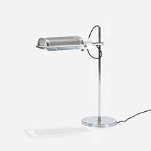 George Nelson, Eyeshade desk lamp, c. 1975, chrome-plated steel, perforated steel, stainless steel, acrylic