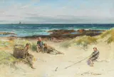 James Michael Brown, A break from work, boys playing on a beach, oil on canvas