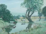 John Smellie, Sunlit Meadows, Callander, oil on canvas