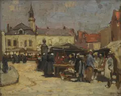 Thomas Bonar Lyon, Marche, Place St Jean, Bruges, oil on panel