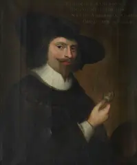 George Jamesone, Portrait of George Jamesone with a portrait miniature and palette, oil on canvas
