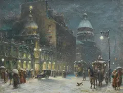 Robert Sanderson, Empire Palace Theatre and The University of Edinburgh Old College in the snow, oil on canvas