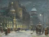 Robert Sanderson, Empire Palace Theatre and The University of Edinburgh Old College in the snow, oil on canvas