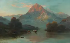 Alfred Fontville de Breanski, Highland landscape at dusk, oil on canvasboard