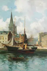 Joseph Milne, Dundee Harbour with steam paddle tug, sailing ship and rowing boat, oil on canvas