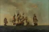 A Naval engagement by English School, oil on canvas, sold Feb 2024