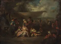 Jean-Baptiste Pater, Figures relaxing in a military encampment, oil on copper