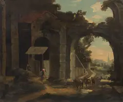 Jan Asselijn, Figures within architectural ruins, a town beyond, oil on canvas