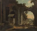 Jan Asselijn, Figures within architectural ruins, a town beyond, oil on canvas
