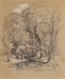 Ows David Cox Senior, Pool beside a bank of trees, pencil and gouache, heightened with white