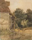 John Thirtle, The watermill, watercolour with scratching out