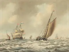 John Cleveley the Younger, Dutch vessels off the coast with a fishing smack, watercolour