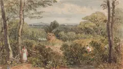 Joshua Cristall, Cottage in a landscape, watercolour and scratching out, over traces of pencil