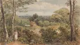 Joshua Cristall, Cottage in a landscape, watercolour and scratching out, over traces of pencil