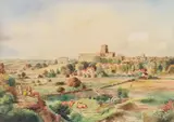 English School, Cattle grazing outside a town, watercolour over traces of pencil, heightened with white
