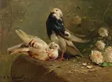 Henry Schouten, Two pigeons and roses on a terrace, oil on canvas
