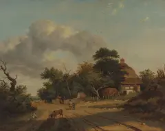 Figures in a landscape before a cottage by Patrick Nasmyth, oil on panel, sold Sep 2024