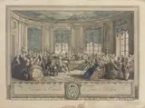 Various Artists, Eight Late Eighteen Century French Prints, Eight etchings and engravings with wash manner aquatint, one with hand-colouring, on laid paper, in gilt ornate frames