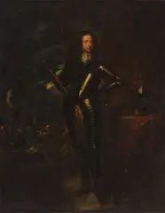 Caspar Netscher, Portrait of William III, Prince of Orange and Stadholder, full-length, standing before a battle, oil on canvas