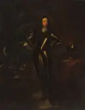 Caspar Netscher, Portrait of William III, Prince of Orange and Stadholder, full-length, standing before a battle, oil on canvas