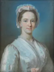 William Hoare, Portrait of a young lady, bust-length, in a white dress and bonnet, pastel