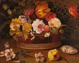 Miguel Canals, Still life of flowers in a basket, oil on canvas, in a painted frame