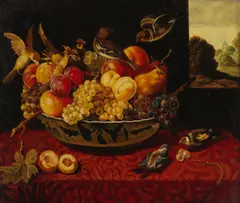 Miguel Canals, Still life of fruit and birds, oil on canvas, in a painted frame