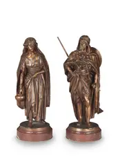 Jean-Jules Salmson, pair of patinated bronze figures of 'Le Guerrier Arabe' and 'La Porteuse', patinated bronze